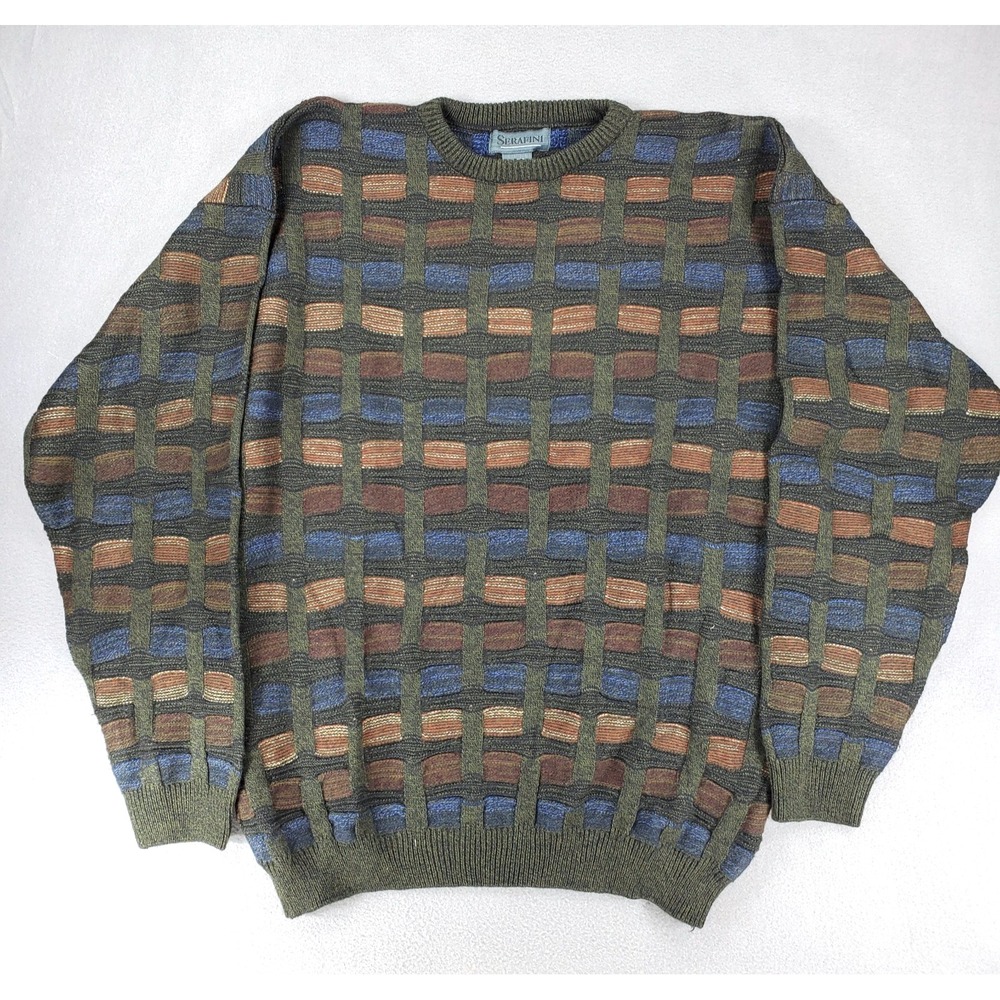 Serafini Mens Size L 3D Knit Grandpa Sweater Green Brown Blue Knit Long‎ Sleeve